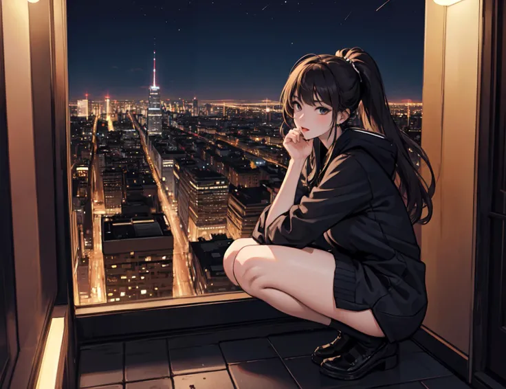 masterpiece, best quality, 1lady, solo, squatting, aerial view, city skyline, night, thighs