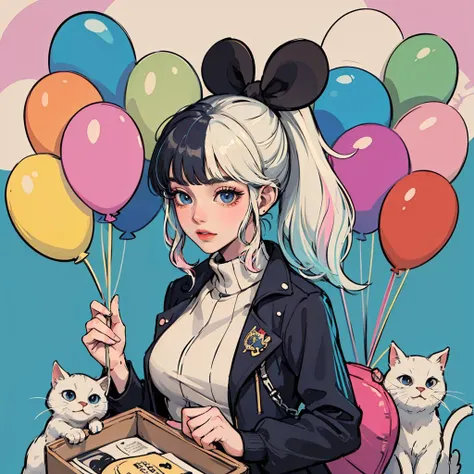 (pop_art:1.4), (colorful:1.3), (_poster_style), (animation, novel_Illustration:1.3), (charming and geek-chic atmosphere), (best quality, masterpiece, intricate detail),
1 girl, cute, perfect detail eyes, delicate face, makeup, (iridescent colored Highlight Hair, colorful hair:1.4), ponytail, yellow jacket with white pattern, white sweater, many colored balloons, colored balloons, boots, ribbon, abstract background, puppy, cat,