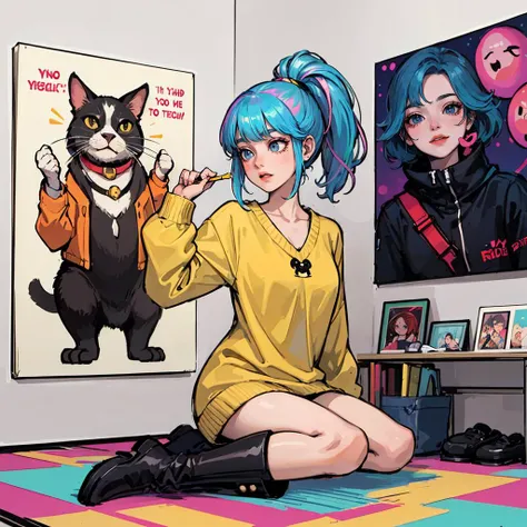 (pop_art:1.4), (colorful:1.3), (_poster_style), (animation, novel_Illustration:1.3), (charming and geek-chic atmosphere), (best quality, masterpiece, intricate detail),
1 girl, cute, perfect detail eyes, delicate face, makeup, (iridescent colored Highlight Hair, colorful hair:1.4), ponytail, yellow jacket with white pattern, white sweater, many colored balloons, colored balloons, boots, ribbon, abstract background, dog, cat,