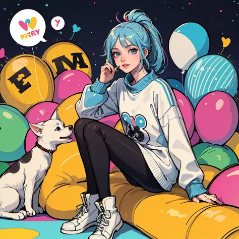 (pop_art:1.4), (colorful:1.3), (_poster_style), (animation, novel_Illustration:1.3), (charming and geek-chic atmosphere), (best quality, masterpiece, intricate detail),
1 girl, cute, perfect detail eyes, delicate face, makeup, (iridescent colored Highlight Hair, colorful hair:1.4), ponytail, yellow jacket with white pattern, white sweater, many colored balloons, colored balloons, boots, ribbon, abstract background, dog, cat,