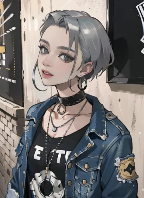 (masterpiece:1.2, best quality), (1lady, solo, upper body:1.2), Hair: buzz cut, Clothing: oversized, distressed denim jacket with patches and pins, paired with black skinny jeans and combat boots, Accessories: silver hoop earrings and a black choker necklace, Hanging out in an underground music venue or street art exhibit, <lora:Loraeyes_V1:1>, <lora:add_detail:-1>