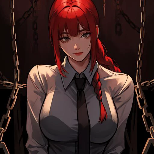<lora:age_slider_v2:4>,makima \(chainsaw man\),best quality,ultra detailed,1girl,solo,standing,red hair,long braided hair,golden eyes,bangs,medium breasts,white shirt,necktie,stare,smile,(evil:1.2),looking at viewer,(interview:1.3),(dark background, chains:1.3),<lora:makima_offset:1>,