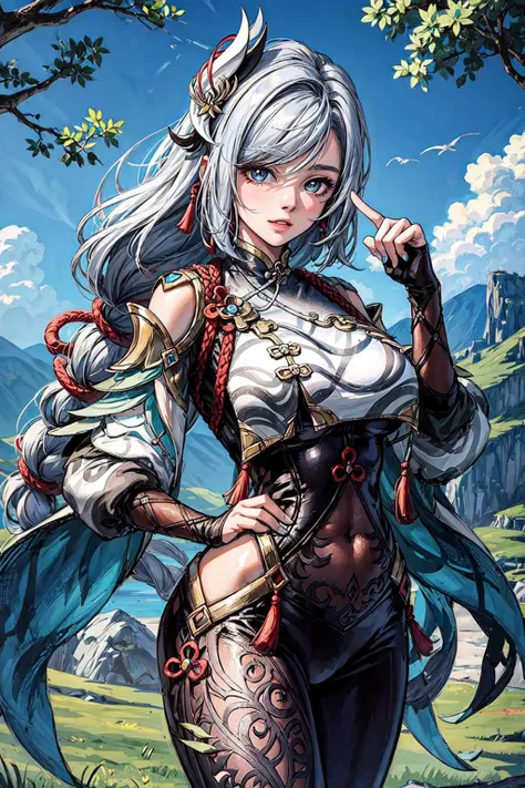 thick outlines, comics, photorealistic, perfect hands, masterpiece:1.2, Chinese, mountain, trees, colorful, 1 girl, solo,  <lora:shenhe2:1>, shenhedef,  detailed background, detailed face, detailed eyes, <lora:add_detail:0.8>