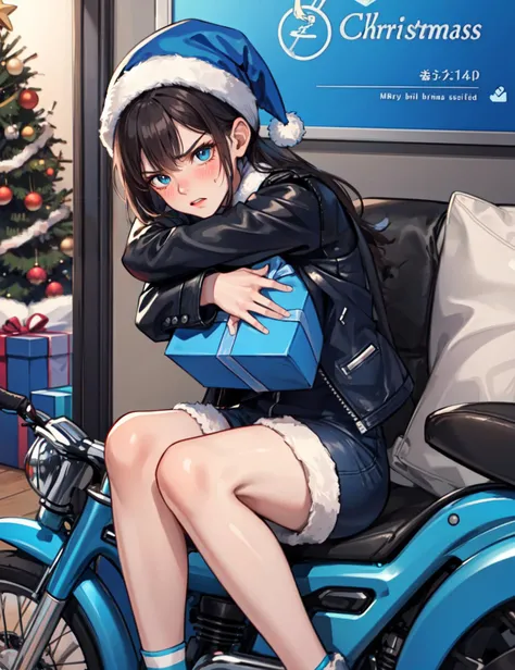 masterpiece, best quality, 1lady, hugging a blue gift box, Christmas gift, blue art, angry face, blushes, blue motorcycle, leather jacket