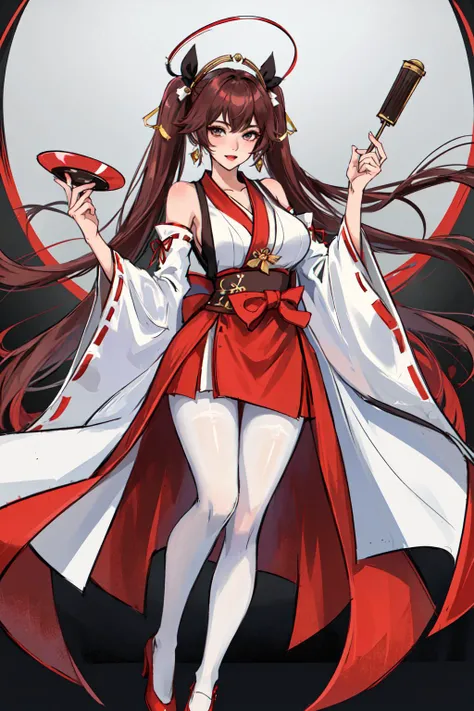 masterpiece, best quality, 1girl, solo, full body, miko, nontraditional miko, twintails, legs, pantyhose, white pantyhose, mature female, large breasts, looking at viewer, ribbon, hair ribbon, wide sleeves