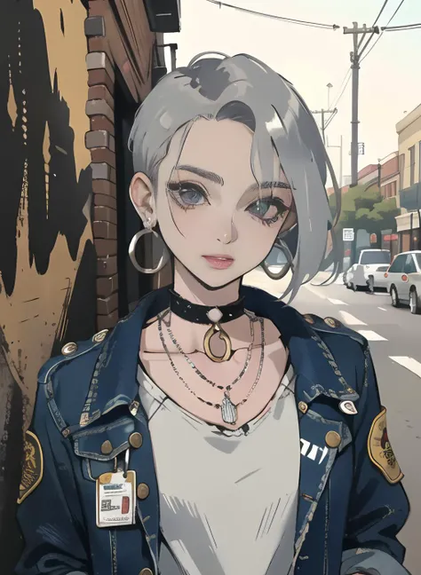 (masterpiece:1.2, best quality), (1lady, solo, upper body:1.2), Hair: buzz cut, Clothing: oversized, distressed denim jacket with patches and pins, paired with black skinny jeans and combat boots, Accessories: silver hoop earrings and a black choker necklace, Hanging out in an underground music venue or street art exhibit, <lora:Loraeyes_V1:1>, <lora:add_detail:-1>