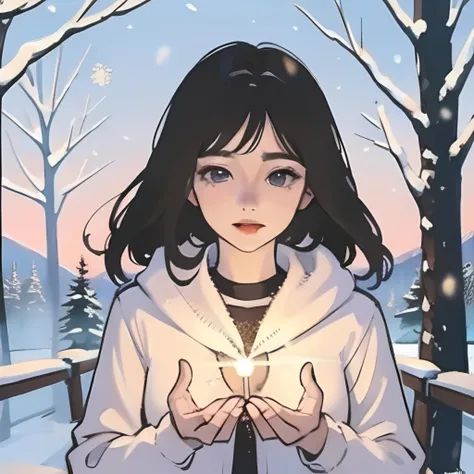 a lovely painting of a girl in the forest with light snow falling, <lora:add_detail:-1>