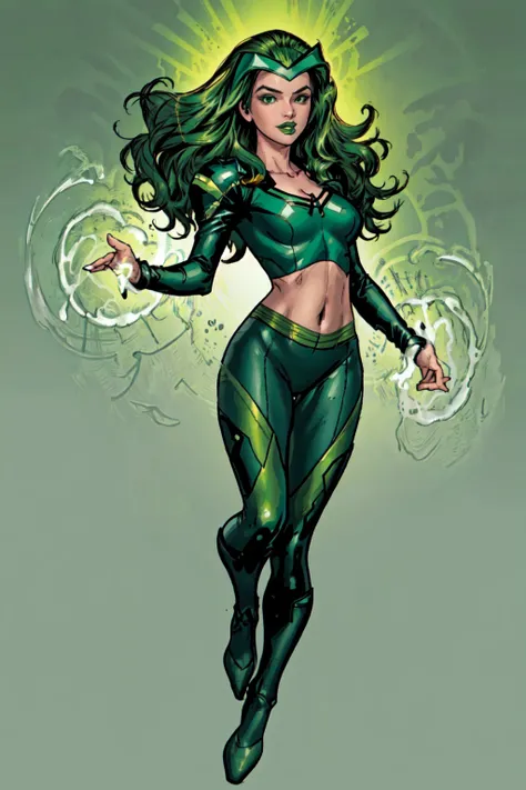 official art, masterpiece, Lorna Dane, Polaris,green lips, 1girl, solo, makeup, lipstick, long hair, breasts, cleavage, bodysuit, green leotard, midriff, full body, nice hands, ultra detailed, subsurface scattering, art by jim lee, specular highlights <lora:Polaris-10:0.8>