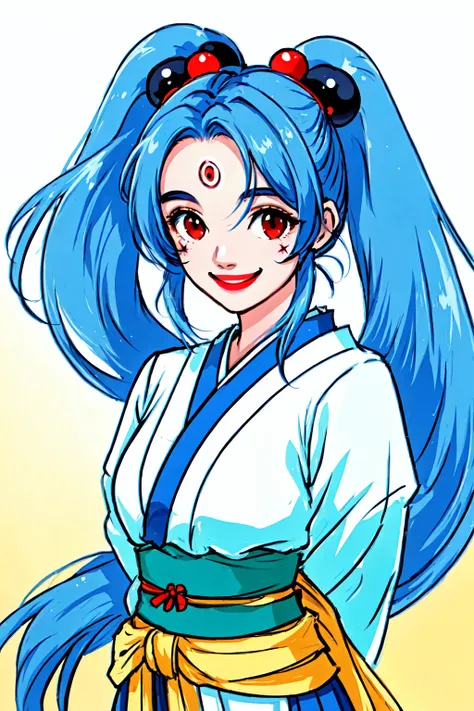 Niji Lora Style, 1girl, arms behind back, blue hair, facial mark, forehead mark, hair bobbles, hair ornament, japanese clothes, long hair, looking at viewer, red eyes, sash, smile, solo, twintails <lora:Niji_Lora:1>
