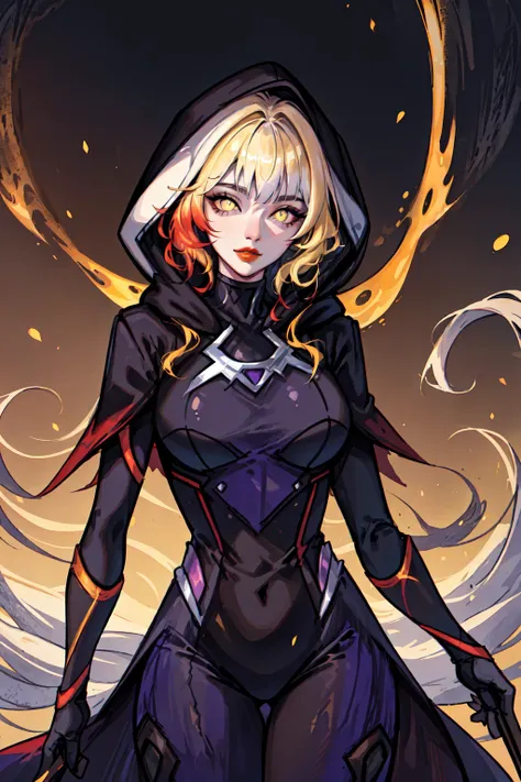 <lora:AI_Lora:0.9> Tex Mex burrito style, masterpiece, best quality, 1girl, red lips, solo, Violet eyes, yellow body suit, curly hair, multicolored hair, white hair, auburn hair, two-tone hair,ombre , Rogue of the X-men, Anna Lebeau, bangs, hood, side lighting, skiny skin, superhero,best illustration,