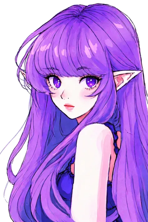 Soft Pastel Style, 1girl, bangs, bare shoulders, from side, long hair, looking at viewer, pointy ears, purple eyes, simple background, solo, upper body, white background <lora:Pastel_Style:1>