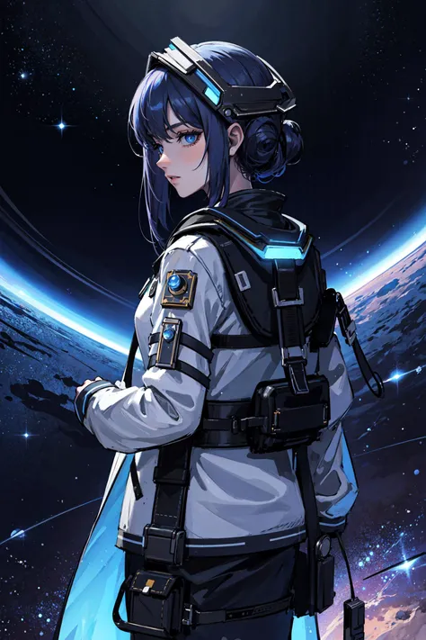 ((best quality, masterpiece, absurdres)), Galactic Adventure, Deep Space Blues, Nebula Glow, Celestial Observatory, Futuristic Outfits