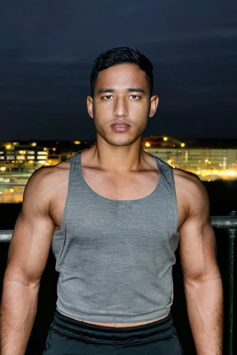 syahnk, masterpiece realistic, best high quality, (dark skin:1.3), 1boy,handsome,masculine, gray tank top, muscular, looking at viewer, outdoors, upper body, parted lips, eyebrow scar, cityscape, industrial, collarbone, covered pectorals, ruins, power lines, arms at sides, sfw, midriff peek,<lora:syahnkV4-08:0.9>,  <lora:more_details:0.5>, <lora:InstantPhotoX3:0.3>