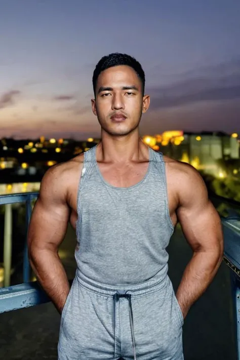 syahnk, masterpiece realistic, best high quality, (dark skin:1.3), 1boy,handsome,masculine, gray tank top, muscular, looking at viewer, outdoors, upper body, parted lips, eyebrow scar, cityscape, industrial, collarbone, covered pectorals, ruins, power lines, arms at sides, sfw, midriff peek,<lora:syahnkV4-08:0.9>,  <lora:more_details:0.5>, <lora:InstantPhotoX3:0.3>
