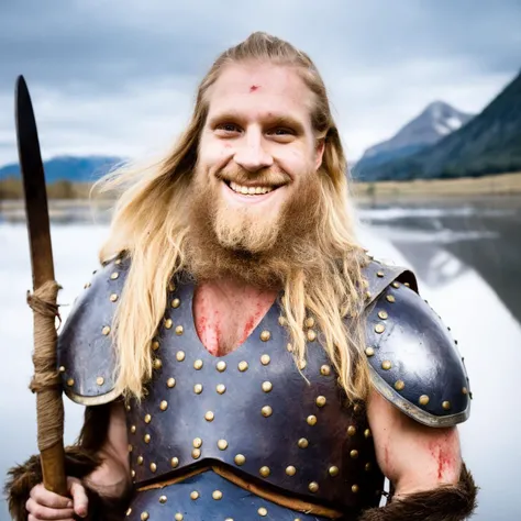 masterpiece, best quality, high quality, realistic, sfw, a viking warrior undressing, long beard, blonde hair, medieval, leather armor, shoulder pauldron, bare pectorals, chest hair, backlighting, mountains, river, fantasy theme, looking at viewer, dirty, bloody, close-up, grin