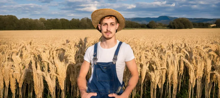 masterpiece, best quality, high quality, realistic, risque, a barechest homoerotic man standing in a field of wheat, 1boy, male focus, solo, straw hat, overalls, outdoors, naked overalls, realistic, sky, mustache, cloud, field, day, looking at viewer, cloudy sky, standing, grass, blue sky, brown hair, twink