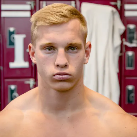 masterpiece, best quality, high quality, realistic, sfw, close-up, portrait, hazel eyes, very short hair, blonde hair, looking at viewer, (football helmet, football helmet visor:1.1), upper body, stern expression, college athlete, football player, tanned skin, photo background, locker room interior, topless
