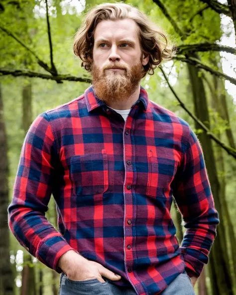 masterpiece realistic, best high quality, bearded ginger lumberjack in redwood forest