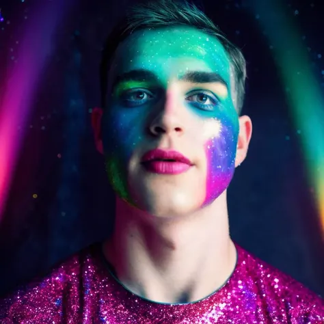 RAW photo, 1boy, juicy twunk in space, face focus, looking at viewer, (glitter makeup:1.2), glitter lipstick, rainbow, nebula, 8k, octane, (GS-Boyish:0.3)