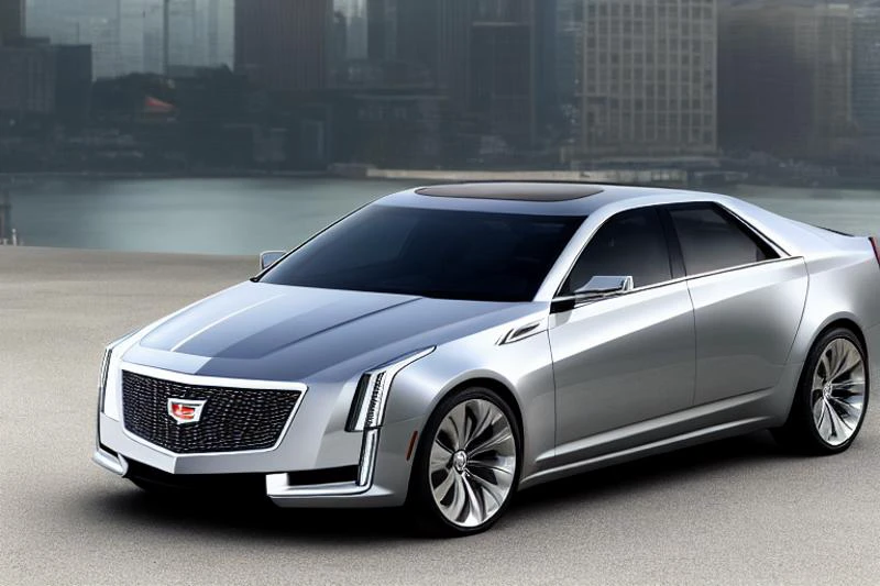 <lora:1.5_dvauto_V1:1> full length, dvAuto style, 85mm, telephoto, city background, low contrast, muted, photo realistic, 8k, cadillac cts pickup truck concept car