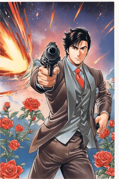 Saeba Ryo,1boy,weapon,solo,male focus,gun,traditional media,formal,flower,suit,rose,firing,necktie,handgun,red flower,marker (medium),black hair,holding gun,red rose,<lora:Tsukasa Hojo_XL:0.8>,