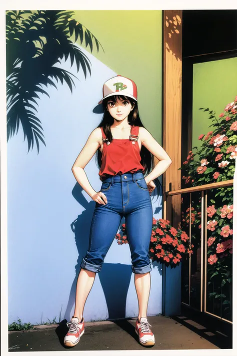 1girl, solo, hat, shadow, flower, shoes, long hair, baseball cap, red flower, sneakers, holding, full body, backwards hat, black hair, standing, retro artstyle, looking at viewer, brown eyes, denim, shirt, plant, smile, drop shadow, pants, sleeveless, brown hair, overalls,<lora:Tsukasa Hojo:0.8>