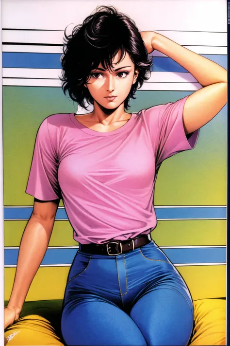 1girl, stbl20, retro artstyle, short hair, black hair, curvy hair, solo, pink top shirt, 1980s (style), sitting, belt, tan skin, black pants,<lora:Tsukasa Hojo:0.9>, <lora:StacyBloom20-10:1>