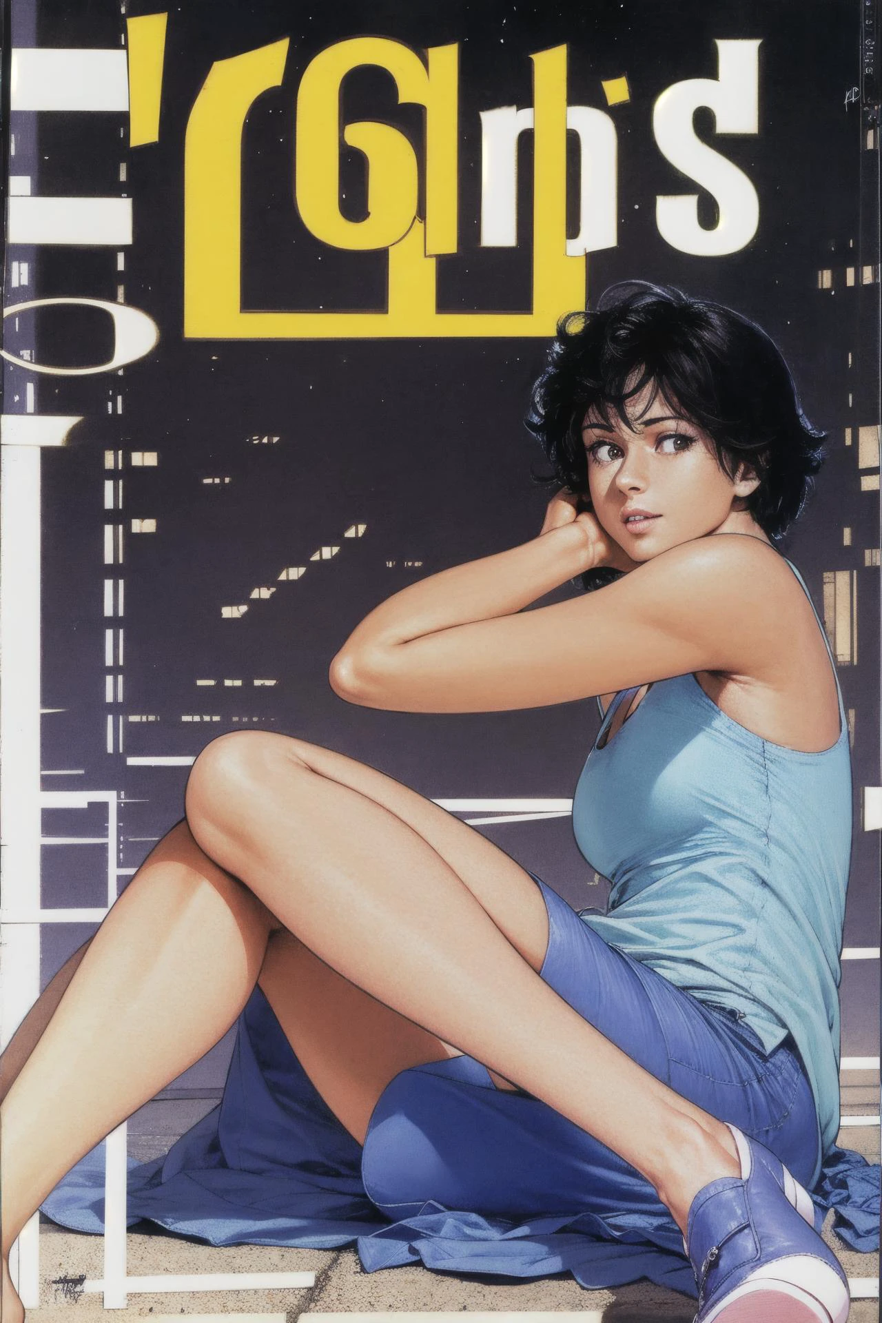 1girl, stbl20, short hair, black hair, curvy hair, solo, black dress, sitting, tan skin, <lora:Tsukasa Hojo:0.9>, <lora:StacyBloom20-10:1>