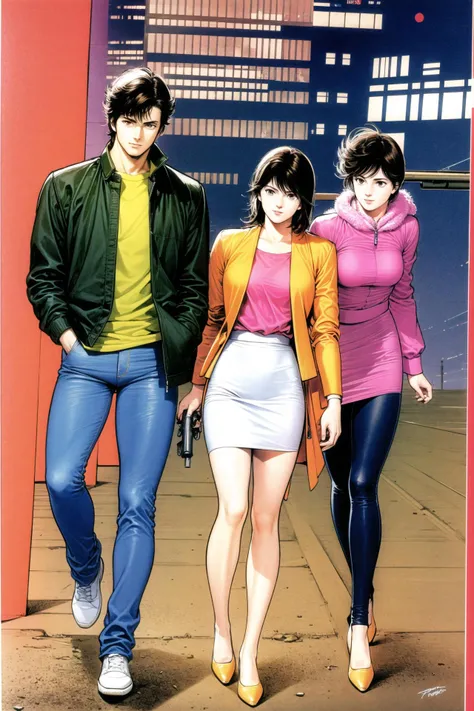 1girl, Makimura Kaori, weapon, 1boy, Saeba Ryo, gun, skirt, handgun, carrying, princess carry, denim, pants, retro artstyle, brown hair, shoes, jacket, jeans, black hair, 1980s (style), high heels, couple, hetero, pencil skirt, holding, short hair, aiming at viewer, <lora:Tsukasa Hojo:0.9>