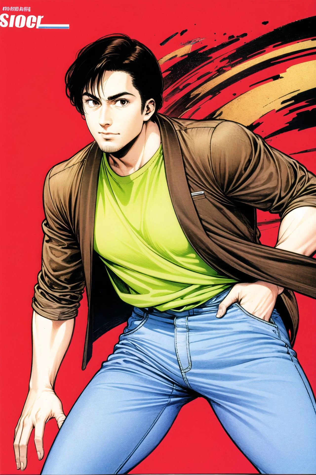 Saeba Ryo, 1boy, solo, brown hair, white background, brown eyes, jacket, pants, simple background, looking at viewer, <lora:Tsukasa Hojo:0.9>