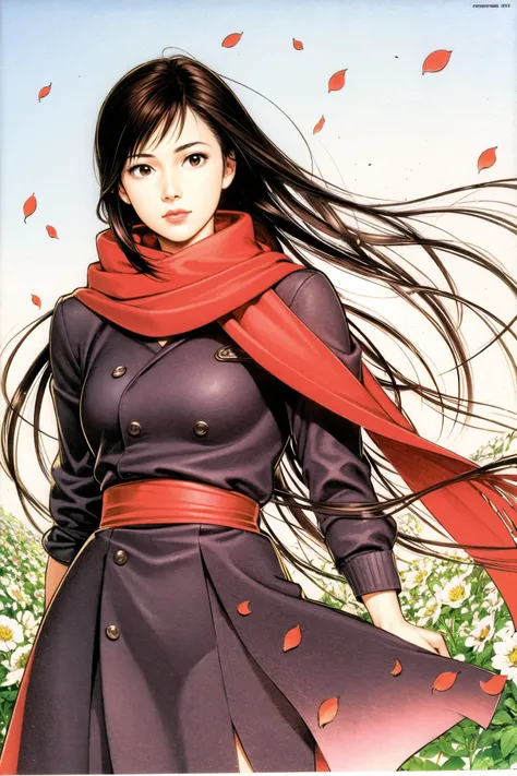 1girl, solo, brown hair, scarf, flower, brown eyes, long hair, traditional media, looking at viewer, wind, petals, lips,<lora:Tsukasa Hojo:0.8>