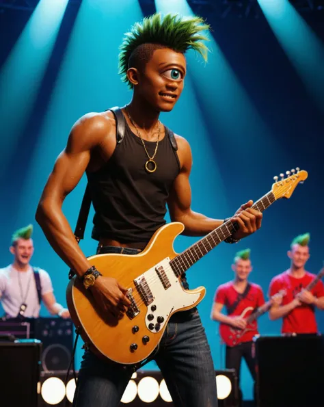 score_9, score_8_up, score_7_up,<lora:ral-cyclops-pony:0.8>, ral-cyclops,
1boy(cyclops, young man, happy, neon green mohawk, black skin, slender, tight black jeans, sleeveless shirt, giant, tanned skin, rockstar, sexy, bad boy, attractive, dynamic pose, playing e-guitar, in the zone, both hands holding a futuristic e-guitar, carry strap connected to the guitar slung over his shoulder, alone on stage at a concert, solo on stage), rock concert, stage, cheering fans in front of the stage, foreground cheering fans, summer, at night, depth of field, detailed background, stage backdrop,
<lora:xl_more_art-full_v1:0.4>,
<lora:add-detail-xl:0.4>