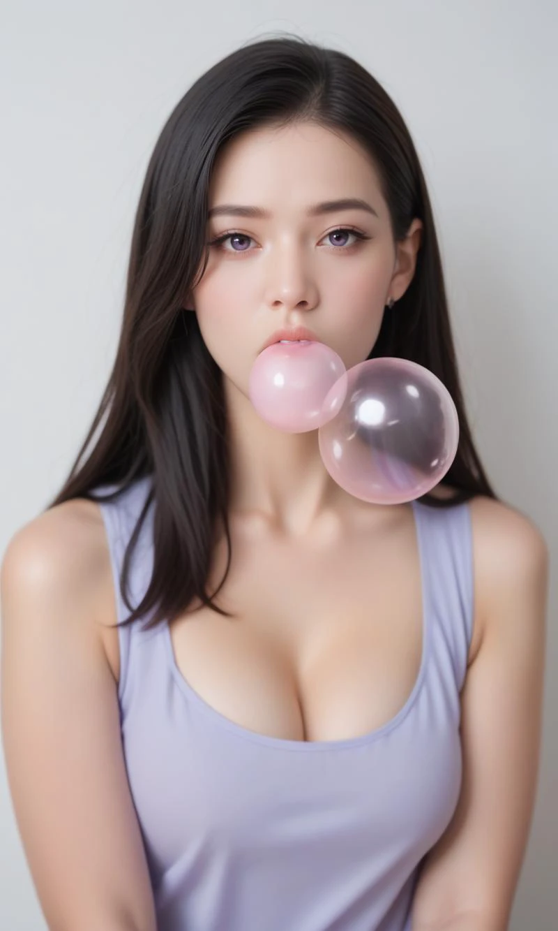 score_9, score_8_up, score_7_up, best quality, masterpiece,realistic,RAW Photo, DSLR BREAK(kkw-ph1:0.9) BREAKhalf body portrait of a young 20yo woman, black hair, wearing a summer dress BREAKdetailed, blowing bubble gum, translucent purple bubble gum <lora:Bubble Gum:0.55>, professional colorgraded,