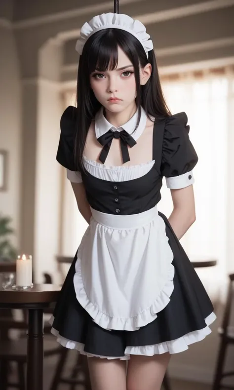 score_9, score_8_up, score_7_up, 1girl, Gothic, Waitress in cute maid costume, Standing with arms hanging loosely, pout, _Lighting_, !, !!