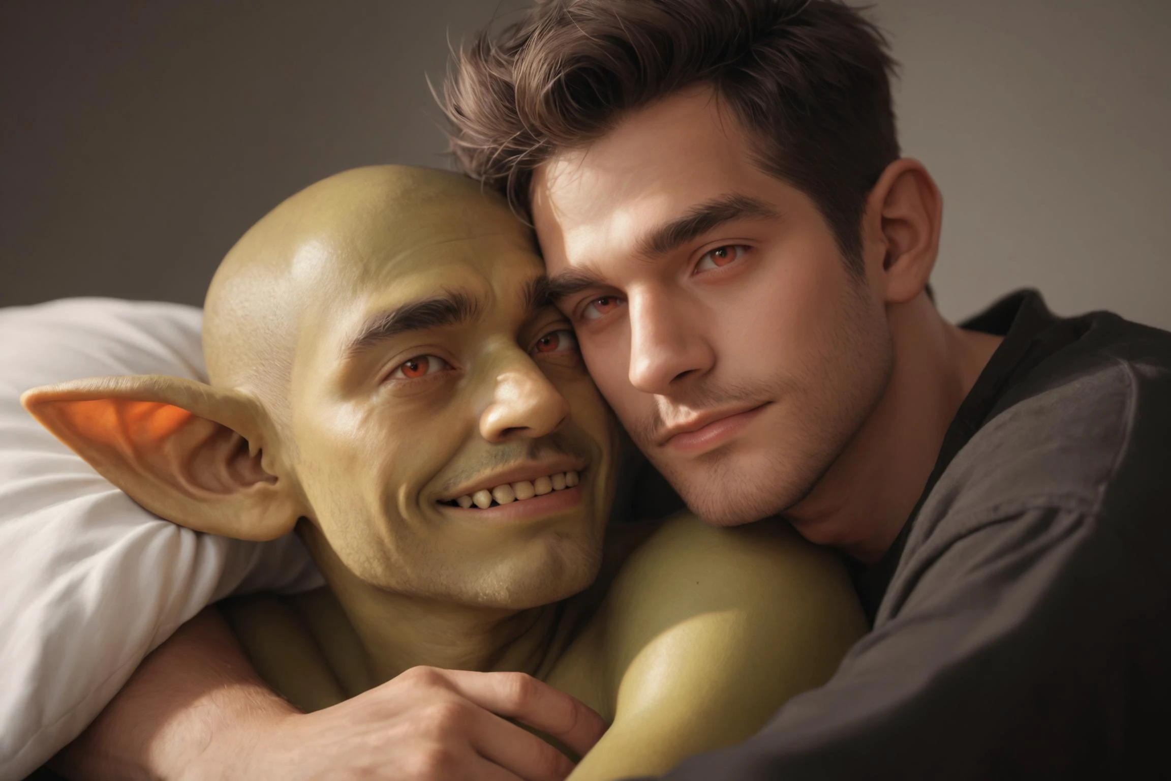 ((photorealistic)), hyperrealistic, ((best quality)), a male human warrior cuddling with his short male goblin pet with red eyes and large ears on his chest, sci-fi, in a futuristic bedroom, goblin with green skin and fangs, 2boys, score_9, score_8_up, score_7_up, BREAK <lora:p3tl0v3XLP:1>