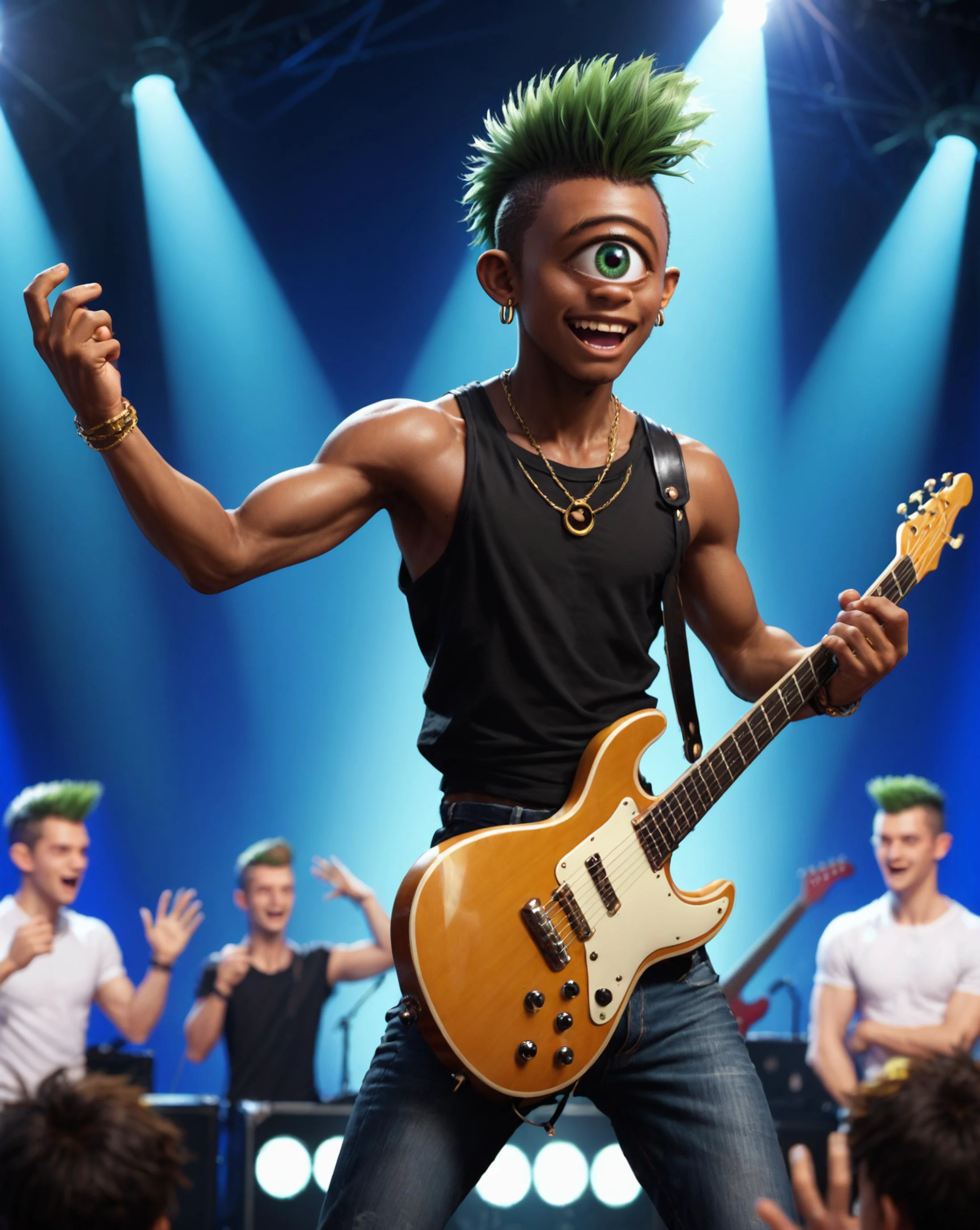 score_9, score_8_up, score_7_up,<lora:ral-cyclops-pony:0.8>, ral-cyclops,
<lora:homri52:1>,
1boy(cyclops, young man, neon green mohawk, black skin, slender, tight black jeans, sleeveless shirt, giant, tanned skin, rockstar, sexy, bad boy, attractive, dynamic pose, playing e-guitar, in the zone, both hands holding a futuristic e-guitar, carry strap connected to the guitar slung over his shoulder, alone on stage at a concert, solo on stage), rock concert, stage, cheering fans in front of the stage, foreground cheering fans, summer, at night, depth of field, detailed background, stage backdrop,
<lora:xl_more_art-full_v1:0.4>,
<lora:add-detail-xl:0.4>