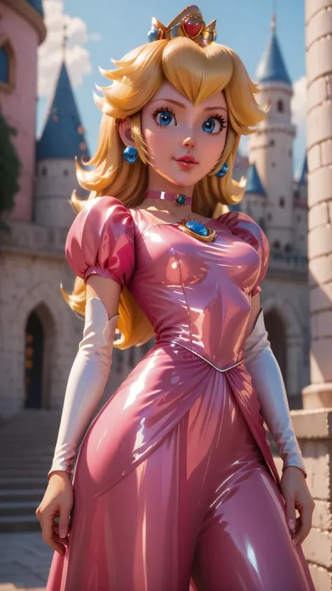 score_9,score_8_up,score_7_up,score_6_up,score_5_up,score_4_up BREAK <lora:Princess_Peach_Shiny_Style_V2:0.8>,princess peach,skinny,choker,medium breasts,detached sleeves,pink dress,castle,outside,standing,hand on hip,looking at viewer,depth of field,bokeh,shiny skin,shiny dress,