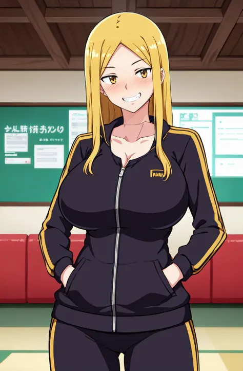best quality, 1girl, HUAmy, blonde, yellow eyes, long hair, looking at viewer, huge breasts, track suit, hand in pocket, track <lora:HUAmy:0.4> <lora:cleavagebulge2:1>