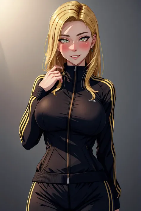 masterpiece, best quality, absurdres, illustration, 8k, perfect shadows,perfect lighting,hdr, ambient lighting,realistic, ultra-realistic, cowboy shot, Photo realistic,(hyperrealistic:1)textured skin,shiny skin,skindentation, beautiful body, (blush:1.2)HUAmy,large breasts, blonde hair, long hair,,green eyes,yellow eyes (wearing track suit,striped track suit) (large breasts,hourglass body, thin waist,very slim waist)extremely detailed face,detailed eye makeup, detail face, nice detailed eyes,nice hands, perfect hands <lora:HUAmy:.30> <lora:PerfectFullBreasts-fCV3:.40><lora:beautifulDetailedEyes_v10:0.50> (realistic pupils,realistic iris:1) heavy eye makeup,glowing eyes, Bright eyes,<lora:add_detail:.50> <lyco:GoodHands-beta2:.90><lora:Aesthetic-Portrait-V2:.40> standing,standing at attention,(evil smile) (gradient grey background) <lora:ryanreos-lora-v1-32dim-3ep-naivae:.30>