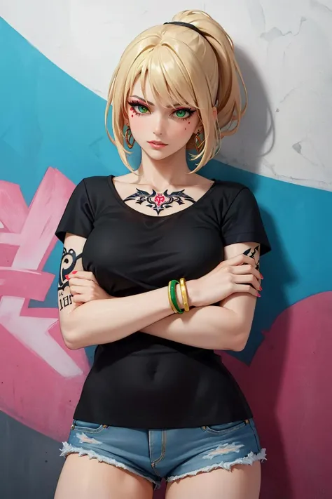 (mature woman:1.3), adult, solo, long blonde hair,( gathered in a ponytail:1.1), (green eyes:1.2), medium breasts,(loose black t-shirt:1.1), (denim short shorts:1.1), bracelets, earrings,( rocker:1.1), in the background night city,( graffiti on the wall:1.1), sexy,(makeup:1.2), (masterpiece), (high quality), (best quality), (detailed), hd, perfect lighting, detailed face, detailed body,( tattoo:1.3), crossed arms,