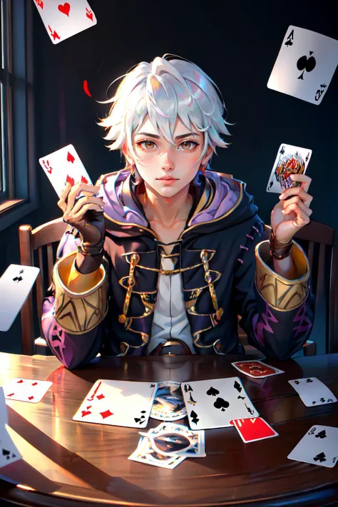 Highly detailed, High Quality, Masterpiece, beautiful, malerobin, brown eyes, wizard, robe, hood, pants, gloves, <lora:Char_FireEmblem_RobinMale:1>, PlayingCards, holding, card, table, holding card, sitting, indoors, playing card, pov across table, <lora:Pos_PlayingCards:0.5>