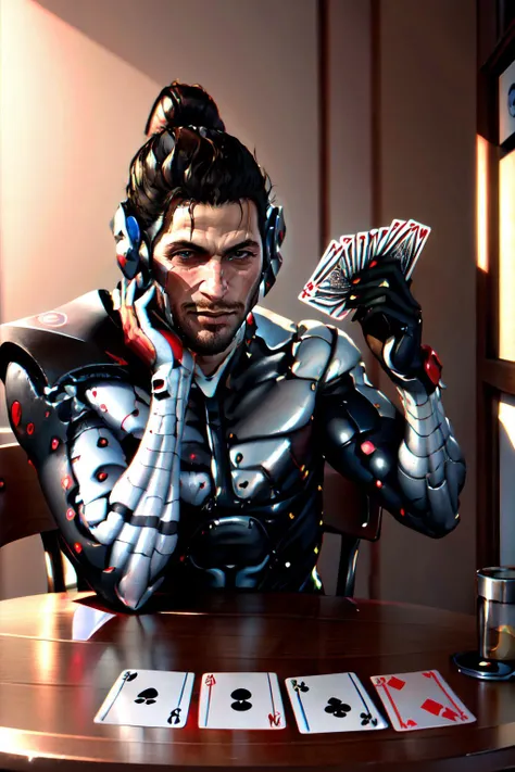Highly detailed, High Quality, Masterpiece, beautiful, PlayingCards, <lora:PlayingCards:0.7>, 1boy, solo, holding, card, table, holding card, sitting, indoors, playing card, pov across table, closed mouth, looking at viewer, Jetstream Sam, facial hair, male focus, beard, cyborg, <lora:Char_MGR_JetstreamSam:0.9>