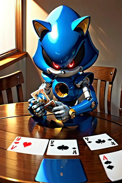 Highly detailed, High Quality, Masterpiece, beautiful, MetalSonic, <lora:Sonic:0.8>, PlayingCards, holding, card, table, holding card, sitting, indoors, playing card, pov across table, <lora:Pos_PlayingCards:0.5>