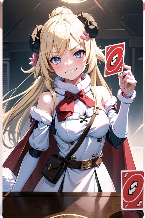 1girl, IncrRvrsCard, holding, card, holding card, arrow \(symbol\), <lora:UnoReverseCard:1>, Tsunomaki Watame, long hair, WatameBase, fur-trimmed dress, white dress, bare shoulders, fur-trimmed sleeves, hairclip, cape, belt pouch, <lora:Char_VTuber_TsunomakiWatame:0.75>, upper body, smirk, evil grin, playing card, <lora:Pos_PlayingCards:0.5>