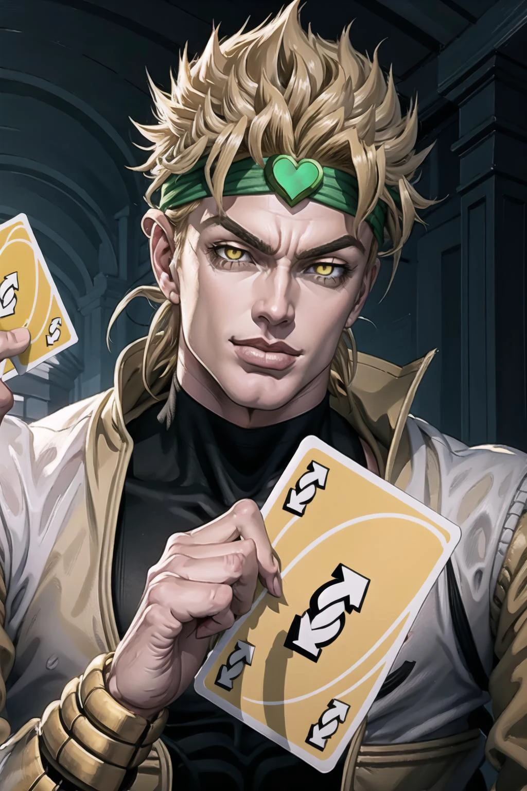 1boy, IncrRvrsCard, holding, card, holding card, arrow \(symbol\), <lora:UnoReverseCard:1.1>, upper body, smirk, playing card, <lora:Pos_PlayingCards:0.5>, indoors, dio, jacket, headband, <lora:Char_Sigmas_Dio:0.9>, yellow eyes,