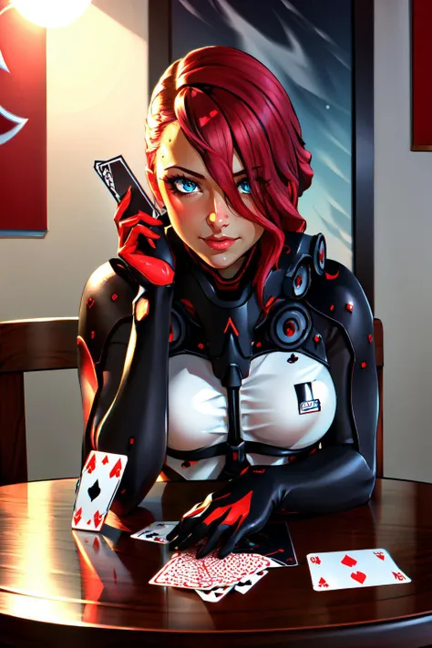Highly detailed, High Quality, Masterpiece, beautiful, PlayingCards, <lora:PlayingCards:0.4>, 1girl, solo, holding, card, table, holding card, sitting, indoors, playing card, pov across table, closed mouth, looking at viewer, Mistral, <lora:Char_MGR_Mistral:0.9>