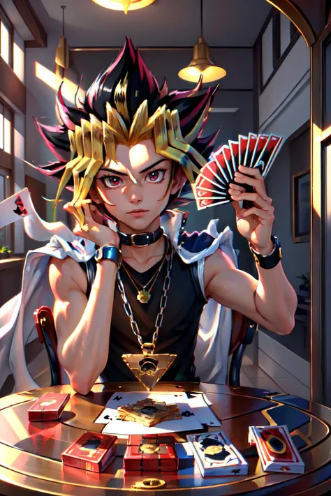 Highly detailed, High Quality, Masterpiece, beautiful, PlayingCards, <lora:PlayingCards:0.5>, 1boy, solo, holding, card, table, holding card, sitting, indoors, playing card, pov across table, closed mouth, looking at viewer, yugi muto, black hair, jacket on shoulders, necklace, big pendant, sleeveless shirt, millennium puzzle, <lora:Char_Yugioh_YamiYugi:0.6>