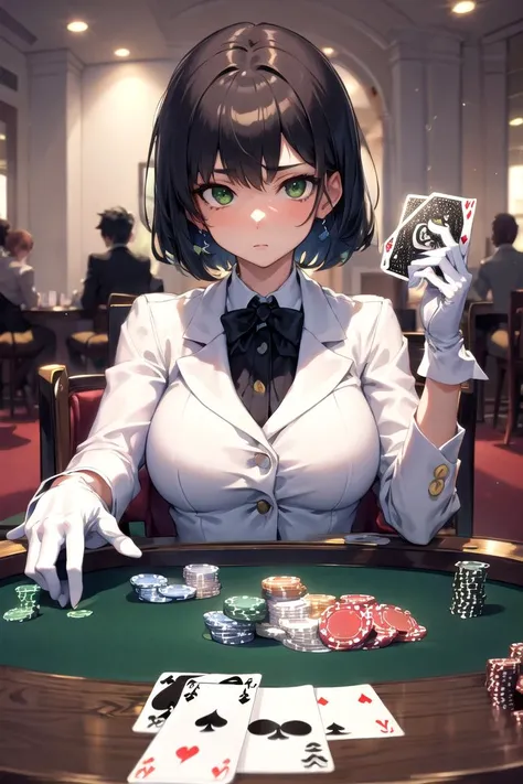 masterpiece, best quality,1girl,mature female,expressionless, large breasts, black hair,short hair,green eyes,tuxedo,white gloves,PlayingCards,holding, card, table, holding card, sitting, indoors, playing card, pov across table,looking at viewer, casino, coin,