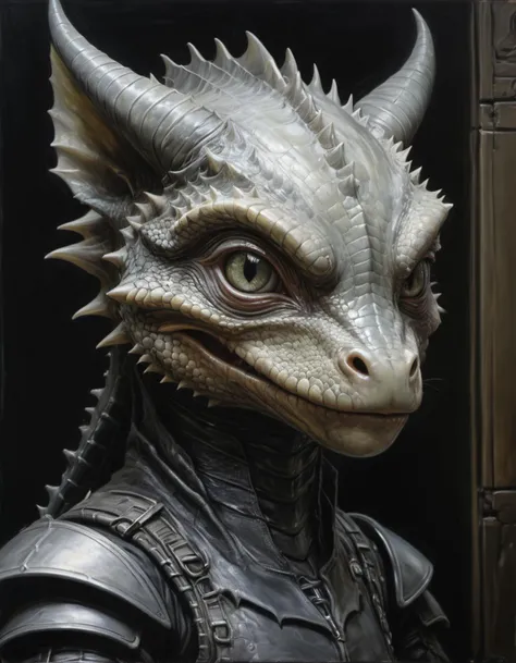 headshot, baby dragon humanoid, oil painting by greg rutkowski and H.R. Giger