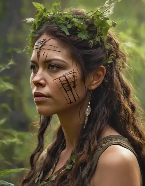 A closeup portait of (ohwx woman) <lora:alyssadiaz_lora_sdxl_v1-000008:1> an ancient druid made of bark, she live hidden in the vegetation of a forgotten forest, highly detailed painting, by Artgerm and Raphael Lacoste